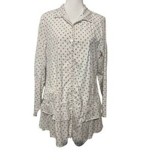 TULIP Womens Blouse Tunic Top Button Front Long Sleeve Ruffle‎ Bottom White M